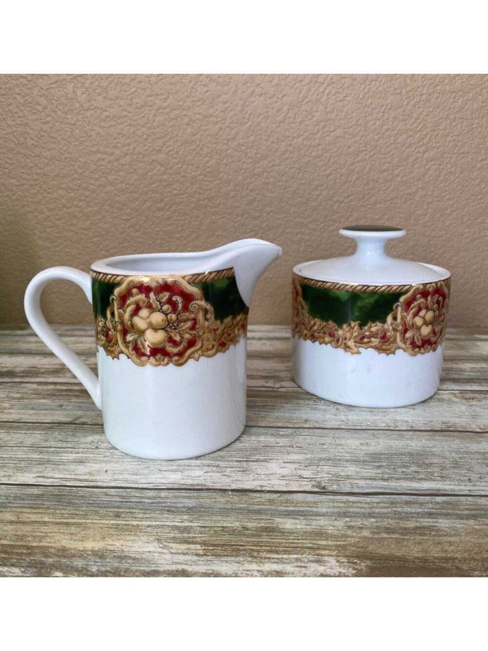 American Atelier Noel Creamer Sugar Bowl Lid Christmas Holiday Porcelain Set